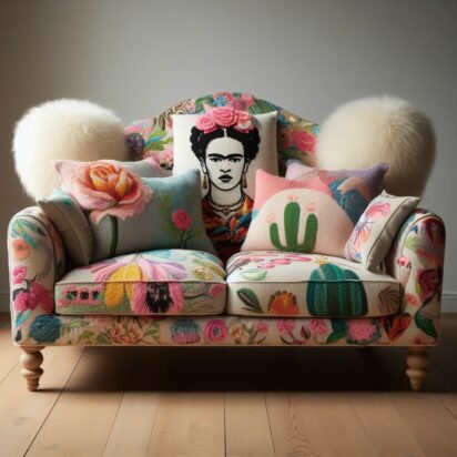 Sofá tapizado con telas estilo Frida Kahlo